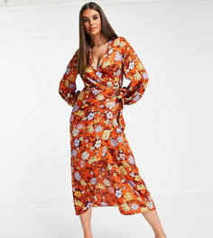 Атласное платье макси с запахом и цветочным принтом в стиле 70-х ASOS DESIGN Tall-Разноцветный