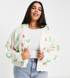Вязаный косами oversized-кардиган с контрастными яркими стежками Native Youth Plus-Белый