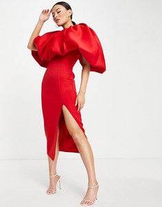 Красное платье-футляр миди с пышными рукавами и разрезом ASOS DESIGN-Красный