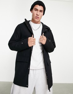 Черное шерстяное пальто с капюшоном и двумя карманами Jack & Jones Originals-Черный цвет