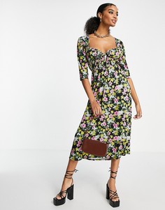 Платье миди с присборенной деталью и цветочным принтом на черном фоне ASOS DESIGN-Черный