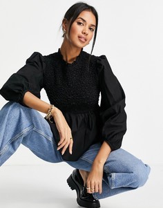 Черная присборенная блузка с баской и высоким воротом Vero Moda-Черный цвет