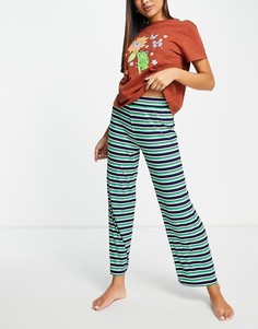 Пижамный комплект из рыжей футболки с принтом лягушки и брюк в рубчик и в голубую и зеленую полоску ASOS DESIGN-Разноцветный