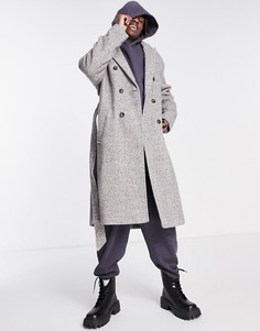 Серое oversized-пальто с узором "в елочку" ASOS DESIGN-Белый