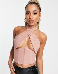 Серовато-бежевый кроп-топ с запахом и отделкой под лифом Femme Luxe-Розовый цвет