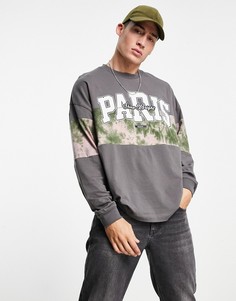 Oversized-лонгслив со вставкой колор блок в стиле тай-дай и принтом "Paris" ASOS DESIGN-Черный цвет