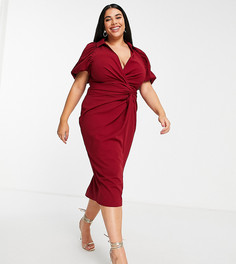 Платье-рубашка миди темно-бордового цвета с декоративным узлом и запахом ASOS DESIGN Curve-Красный
