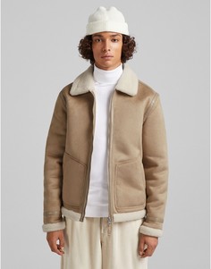Бежевая замшевая куртка авиатор Bershka-Светло-бежевый цвет