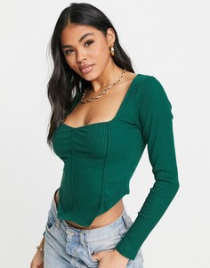 Хвойно-зеленый топ-корсет в рубчик с широкой горловиной ASOS DESIGN-Зеленый цвет