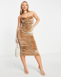 Присборенное бархатное платье миди золотистого цвета на бретельках ASOS DESIGN-Золотистый