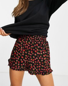 Шорты с присборенной талией и принтом роз Miss Selfridge-Черный цвет