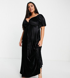 Черное плиссированное бархатное платье миди с перекрученной деталью на спине и завышенной талией ASOS DESIGN Curve-Черный цвет