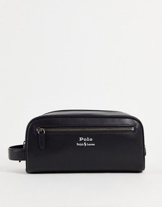 Черный кожаный несессер с серебристым фольгированным логотипом Polo Ralph Lauren-Черный цвет