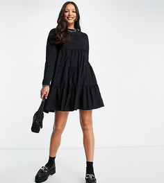 Черное ярусное платье мини из хлопкового поплина с длинными рукавами и ярусной юбкой ASOS DESIGN Tall-Черный цвет