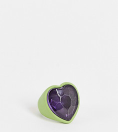 Эксклюзивное зеленое кольцо в форме сердца с металлическим покрытием и кристаллом Big Metal London-Зеленый цвет