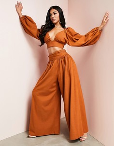 Брюки под лен шоколадного цвета с широкими штанинами ASOS Design-Коричневый цвет