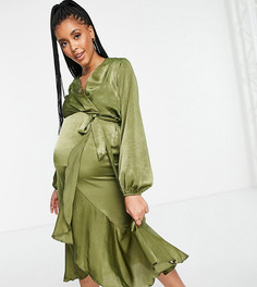 Атласное платье миди оливкового цвета на запахе Flounce London Maternity-Зеленый цвет