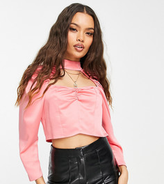 Розовый атласный топ с вырезом и сборками Miss Selfridge Petite-Розовый цвет