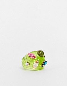 Ребристое полимерное кольцо лаймового цвета со стразами DesignB London-Зеленый цвет