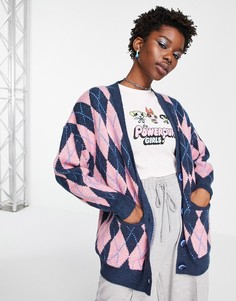 Синий вязаный кардиган с карманами и узором в виде ромбов Topshop-Голубой