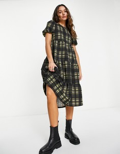 Фактурное oversized-платье миди с присборенной юбкой в черную клетку ASOS DESIGN-Разноцветный