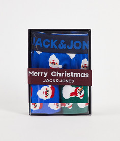 Набор из 3 предметов в новогодней подарочной упаковке: боксеры-брифы и носки синего и зеленого цветов с принтом Санта-Клауса Jack & Jones-Голубой