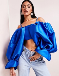 Ярко-синий атласный топ с фактурными эффектными рукавами ASOS LUXE-Голубой