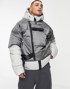 Серый пуховик из технологичной ткани adidas Cold RDY