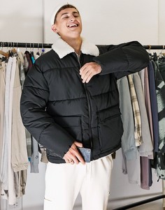 Черный пуховик из переработанного материала с воротником «борг» Topman-Черный цвет