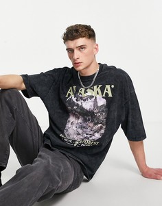 Черная выбеленная oversized-футболка с принтом "Alaska" на груди ASOS DESIGN-Черный цвет