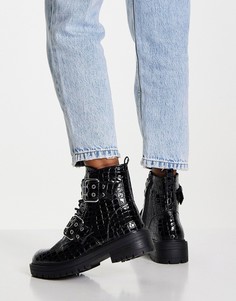 Массивные черные ботинки с эффектом крокодиловой кожи и двумя пряжками New Look-Черный цвет