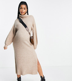 Серо-коричневое платье миди в рубчик с высоким воротником ASOS DESIGN Maternity-Светло-бежевый цвет