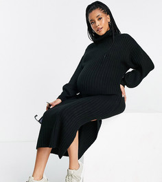 Черное платье миди в рубчик со отворачивающимся воротником ASOS DESIGN Maternity-Черный цвет