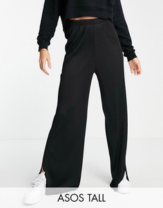 Черные плиссированные брюки с широкими штанинами и разрезами по бокам ASOS DESIGN Tall-Черный цвет