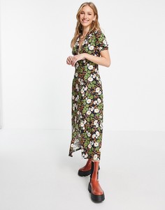 Черное чайное платье миди с воротником и цветочным принтом ASOS DESIGN-Черный цвет