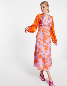 Атласное платье миди с оборками, открытой спиной и смешанным красным и сиреневым принтом ASOS DESIGN-Разноцветный