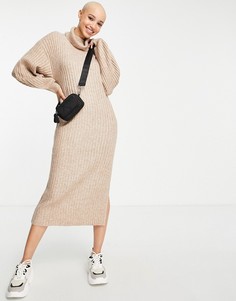 Серо-бежевое платье миди в рубчик со свободным воротом ASOS DESIGN-Светло-бежевый цвет