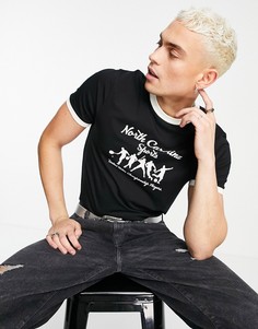 Черная приталенная футболка со спортивным принтом в стиле ретро и с окантовкой ASOS DESIGN-Черный цвет