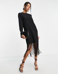 Черное платье миди с длинными рукавами и отделкой бахромой по нижнему краю Vero Moda-Черный цвет
