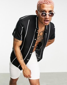 Черная рубашка из трикотажа джерси в вертикальную полоску Bershka-Черный