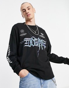 Oversized-лонгслив черного цвета с геймерским рисунком и принтом на рукавах ASOS DESIGN-Черный цвет