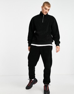 Черный свитшот с короткой молнией из искусственного меха от комплекта Topman