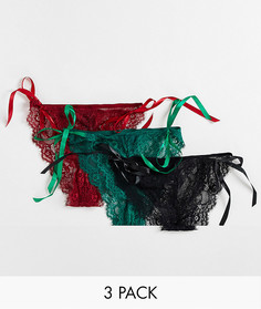 Набор из 3 кружевных бразильских трусиков с завязками по бокам в черном, красном и темно-зеленом цвете ASOS DESIGN-Разноцветный