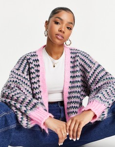 Розовый вязаный кардиган с разноцветной строчкой Topshop-Розовый цвет