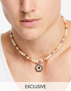 Ожерелье из искусственного жемчуга с металлической подвеской в виде цветка Reclaimed Vintage Inspired-Разноцветный