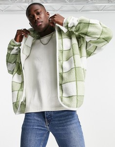 Зеленая куртка в клетку из искусственного меха с коротким ворсом и воротником-стойкой ASOS DESIGN-Зеленый цвет