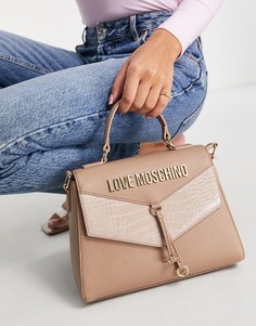 Серо-бежевая сумка через плечо с ручкой сверху и логотипом Love Moschino-Светло-бежевый цвет