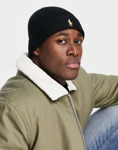 Черная шерстяная шапка-бини с золотистым логотипом Polo Ralph Lauren-Черный цвет