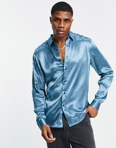 Атласная рубашка синего цвета с глянцевым эффектом ASOS DESIGN-Голубой
