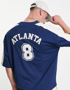 Oversized-футболка темно-синего цвета в стиле колор блок с бейсбольным принтом "Atlanta" ASOS DESIGN-Темно-синий
